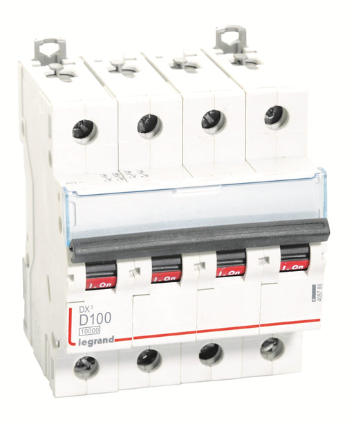 Legrand 408704 100A FOUR POLE 10kA 400V AC 6 MODULE DX3 MCB