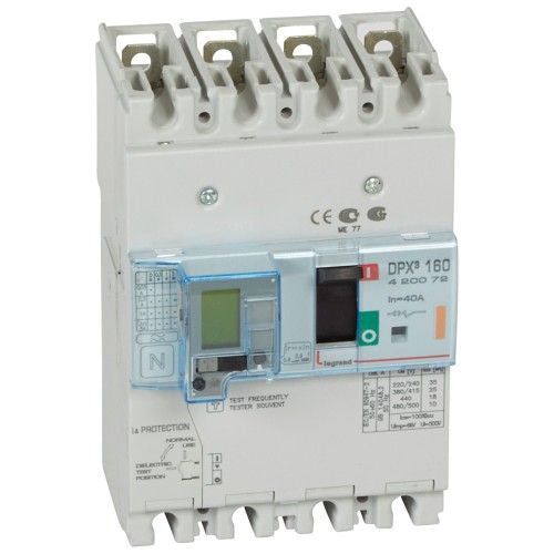 Legrand 420072 40A 4P DPX160 ICU 25kA MCCB WITH ELECTRONIC EARTH LEAKAGE MOD.